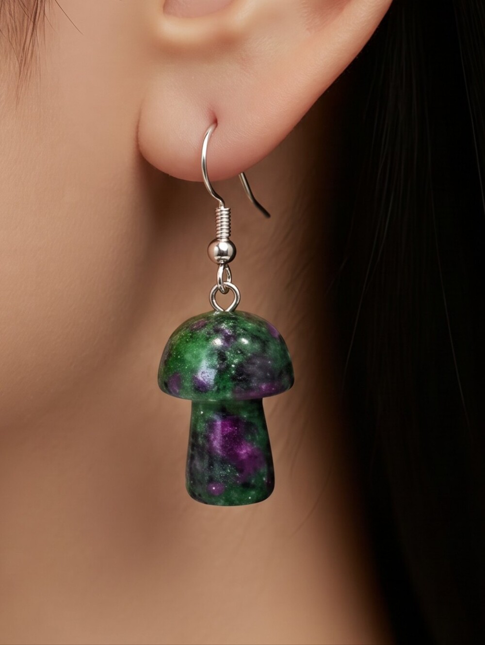 Ruby Zoisite Mushroom Earrings Natural Green Stone Dangle Stainless Steel Boho